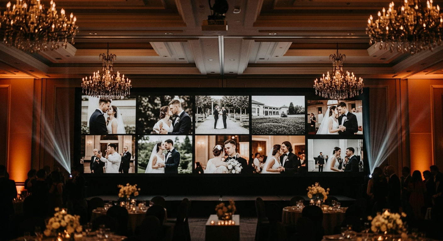 Live photo wall display at wedding reception
